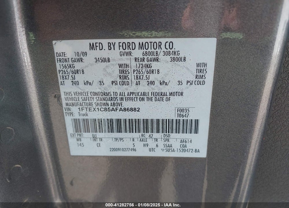 2010 FORD F-150 FX2 SPORT/STX/XL/XLT VIN: 1FTEX1C85AFA86882