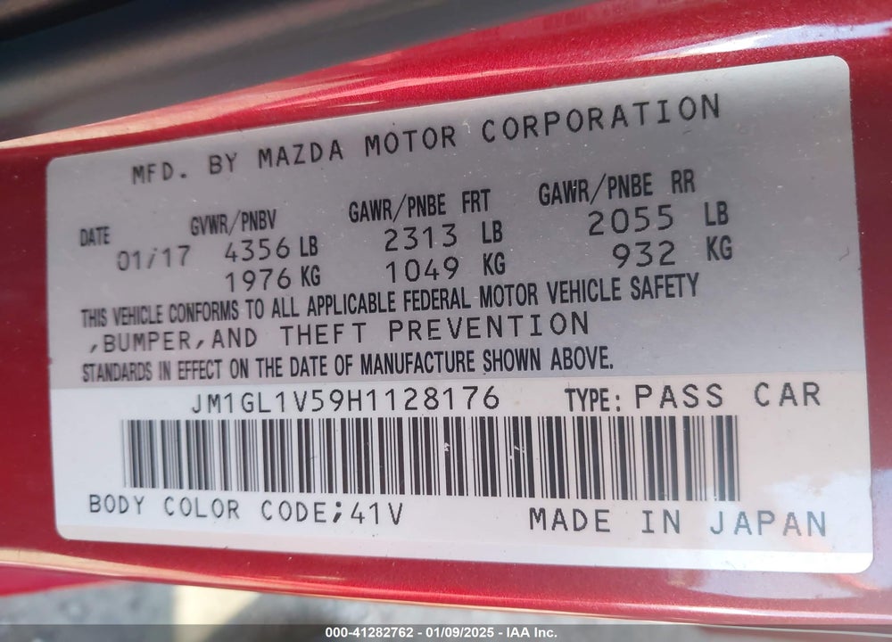 2017 MAZDA MAZDA6 VIN: JM1GL1V59H1128176