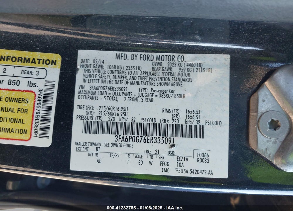 2014 FORD FUSION S VIN: 3FA6P0G76ER335091