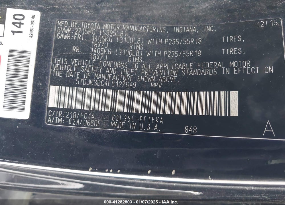 2015 TOYOTA SIENNA LE 7 PASSENGER VIN: 5TDJK3DC4FS127649
