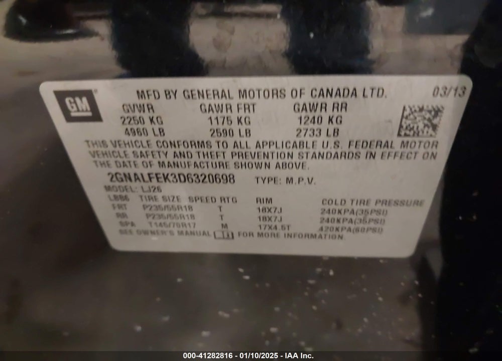 2013 CHEVROLET EQUINOX LTZ VIN: 2GNALFEK3D6320698