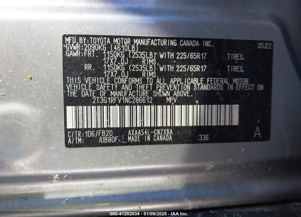 2022 TOYOTA RAV4 LE VIN: 2T3G1RFV1NC286612