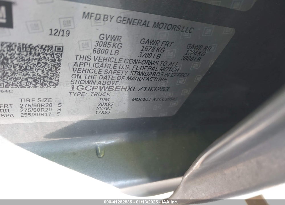 2020 CHEVROLET SILVERADO 1500 VIN: 1GCPWBEHXLZ183253
