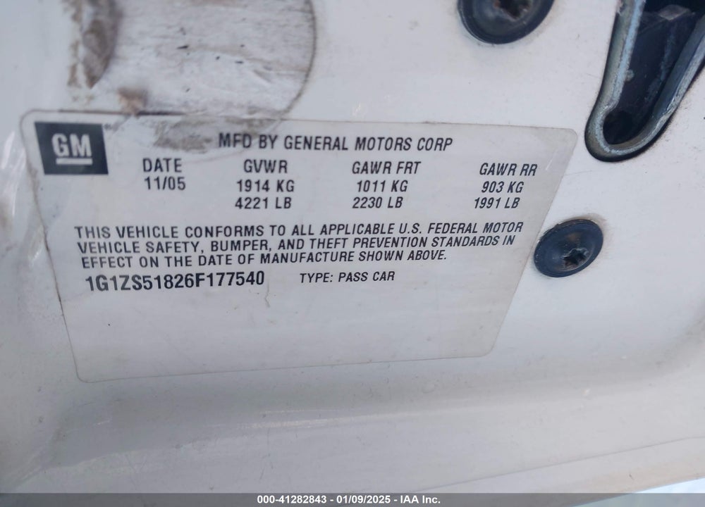 2006 CHEVROLET MALIBU VIN: 1G1ZS51826F177540