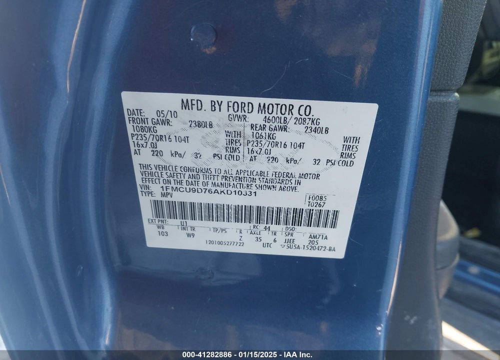 2010 FORD ESCAPE XLT VIN: 1FMCU9D76AKD10331