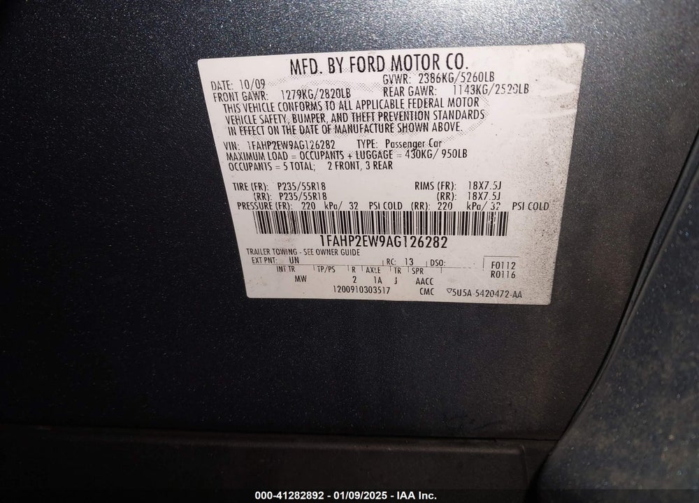 2010 FORD TAURUS VIN: 1FAHP2EW9AG126282
