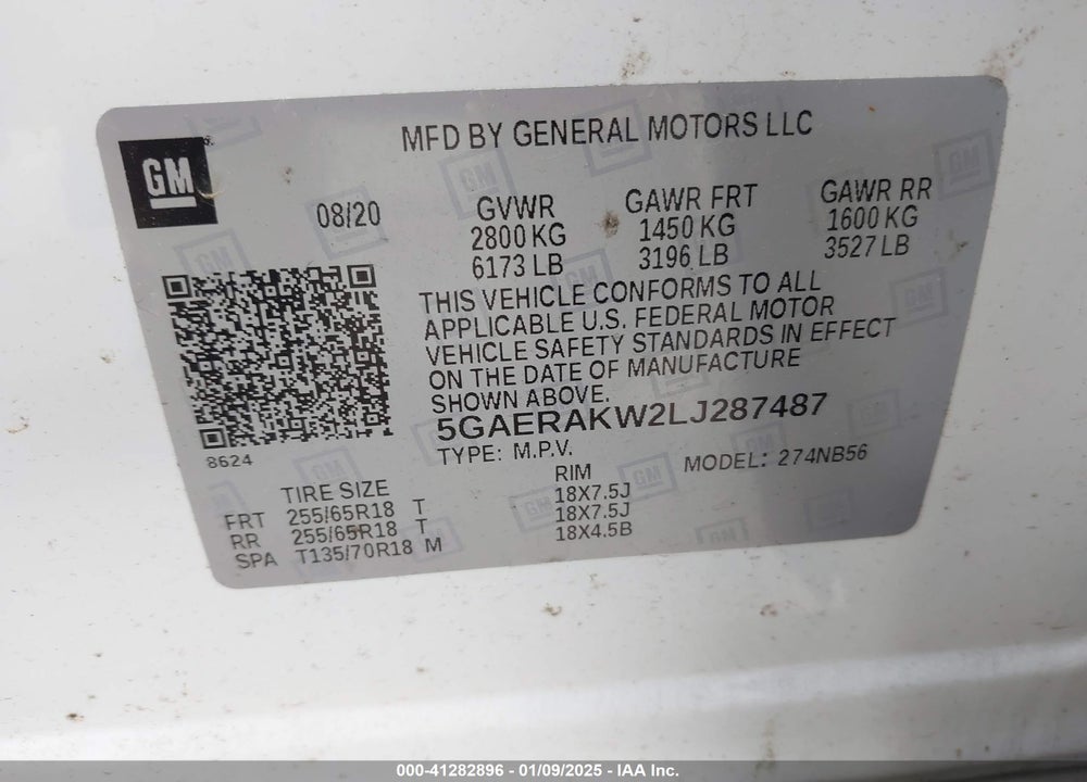 2020 BUICK ENCLAVE FWD PREFERRED VIN: 5GAERAKW2LJ287487