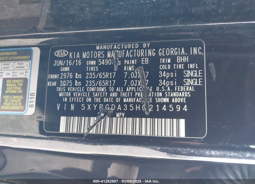 2017 KIA SORENTO 2.4L LX VIN: 5XYPGDA35HG214594