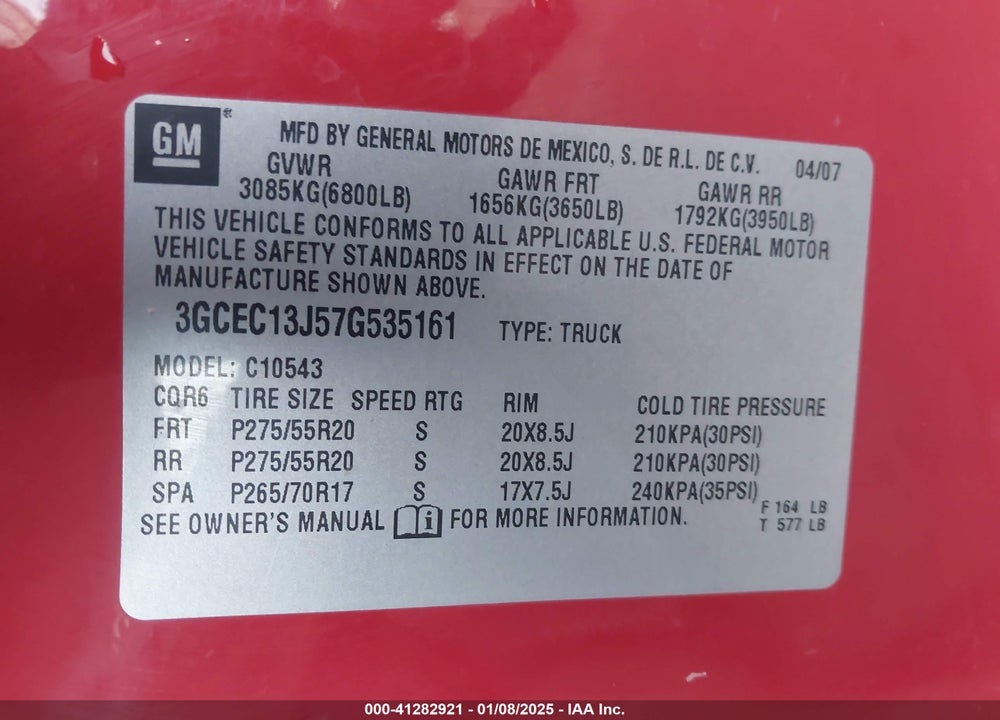 2007 CHEVROLET SILVERADO 1500 VIN: 3GCEC13J57G535161