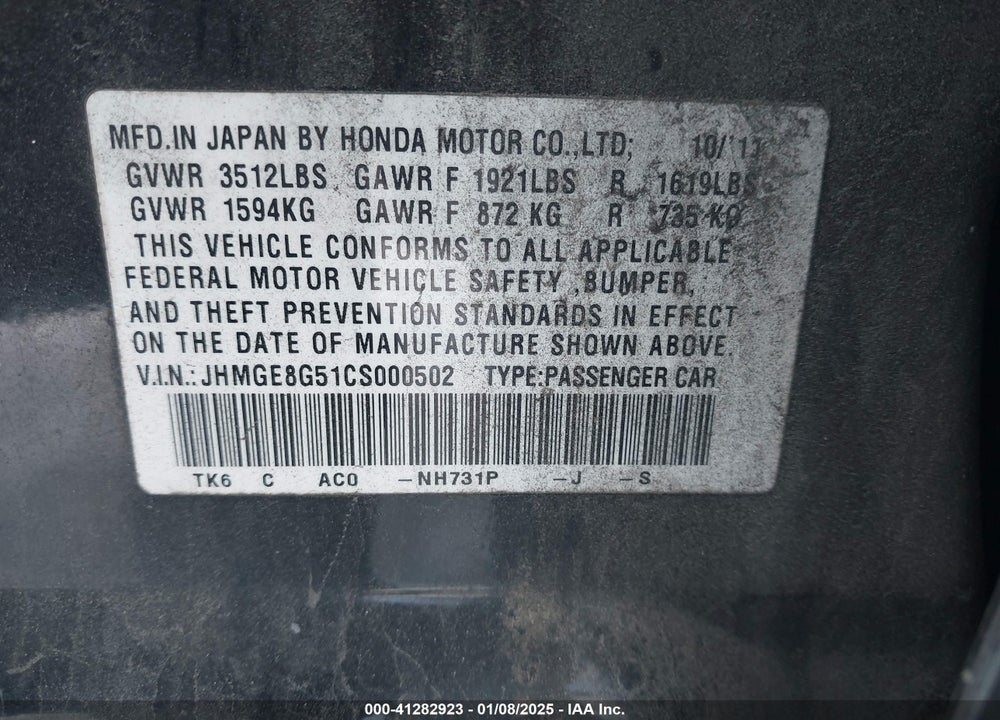 2012 HONDA FIT VIN: JHMGE8G51CS000502