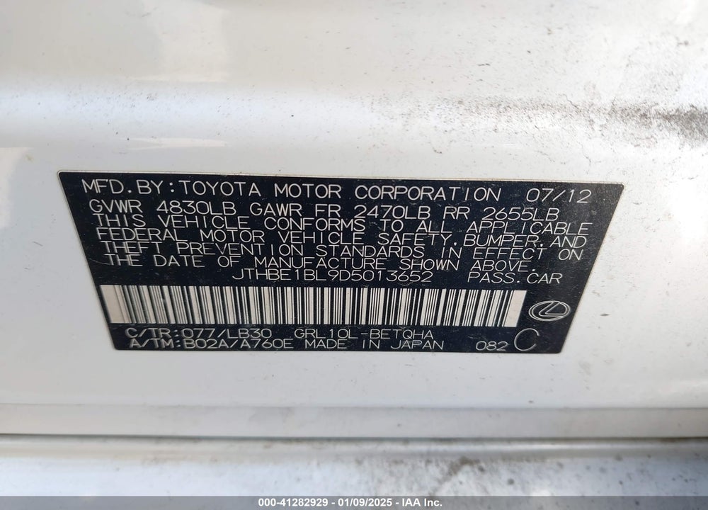2013 LEXUS GS VIN: JTHBE1BL9D5013652