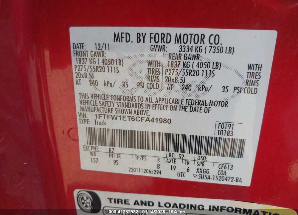 2012 FORD F-150 PLATINUM VIN: 1FTFW1ET6CFA41980