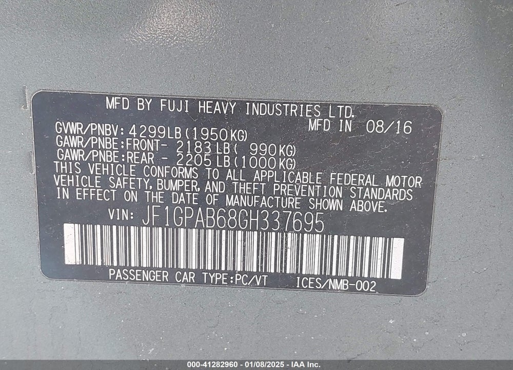 2016 SUBARU IMPREZA VIN: JF1GPAB68GH337695