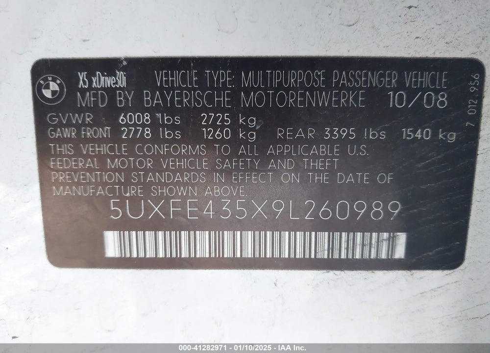 2009 BMW X5 XDRIVE30I VIN: 5UXFE435X9L260989