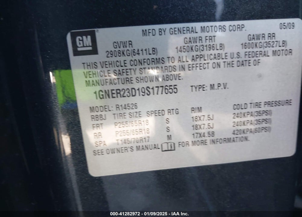 2009 CHEVROLET TRAVERSE LT VIN: 1GNER23D19S177655