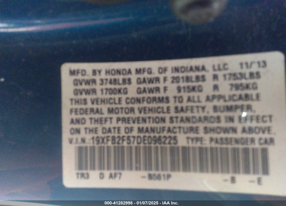 2013 HONDA CIVIC VIN: 19XFB2F57DE096225