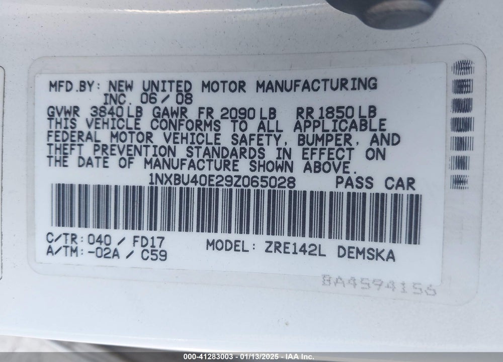 2009 TOYOTA COROLLA VIN: 1NXBU40E29Z065028