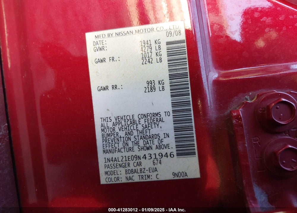 2009 NISSAN ALTIMA VIN: 1N4AL21E09N431946