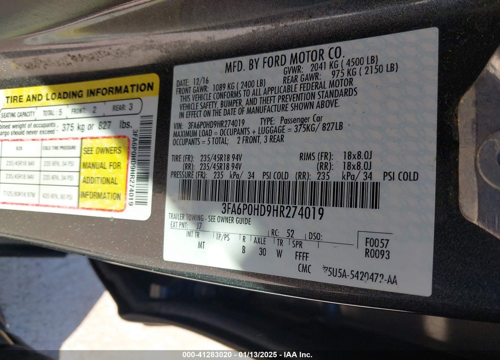 2017 FORD FUSION VIN: 3FA6P0HD9HR274019