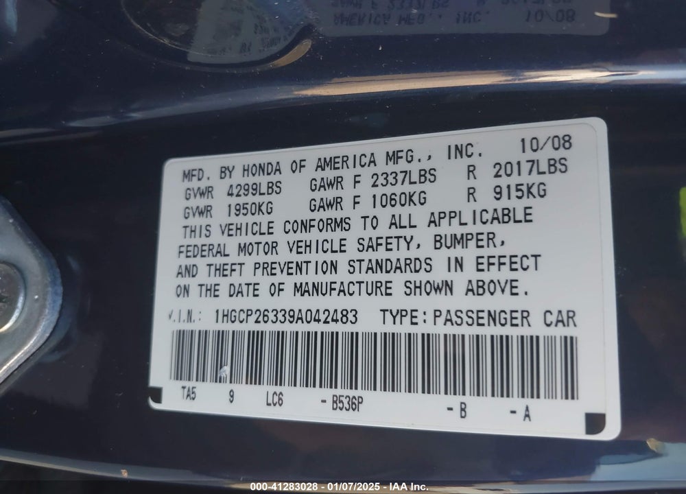 2009 HONDA ACCORD 2.4 LX VIN: 1HGCP26339A042483