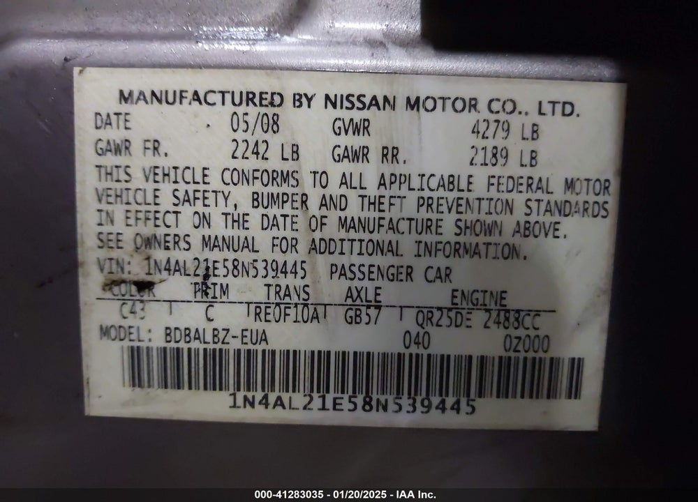 2008 NISSAN ALTIMA VIN: 1N4AL21E58N539445