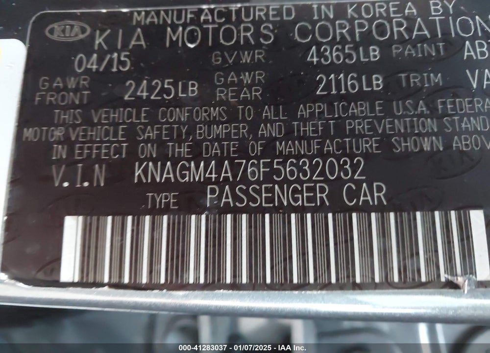 2015 KIA OPTIMA LX VIN: KNAGM4A76F5632032