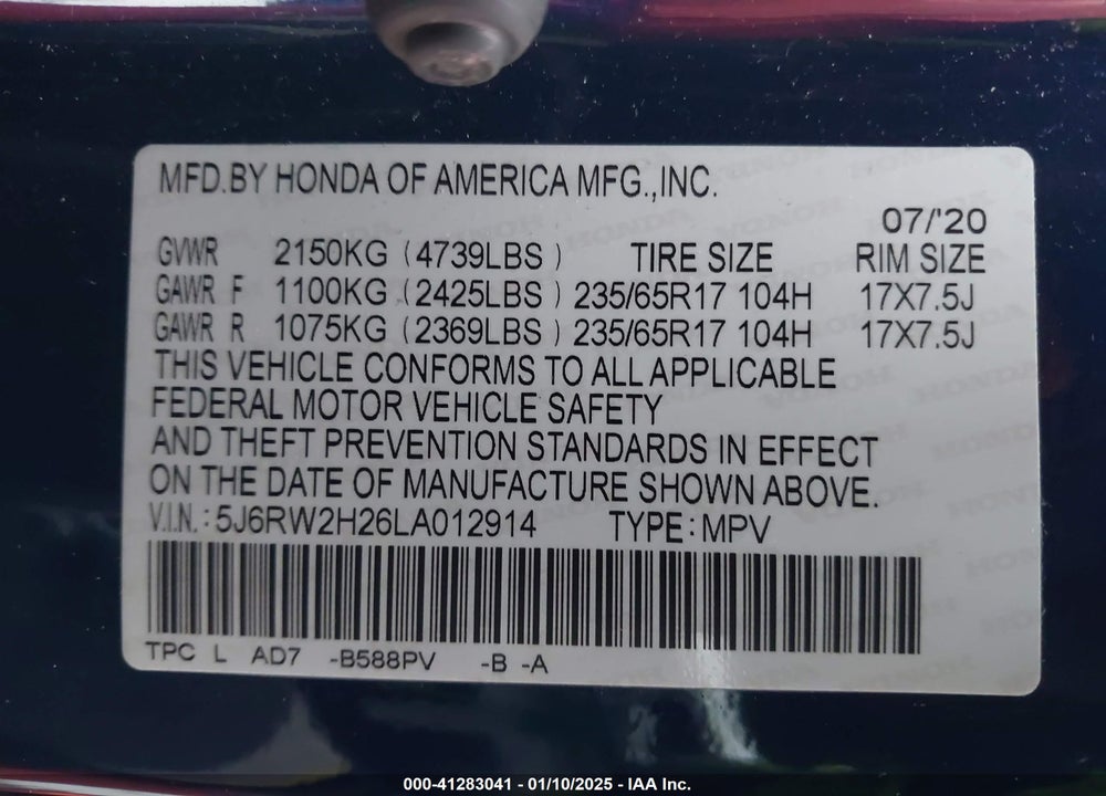 2020 HONDA CR-V AWD LX VIN: 5J6RW2H26LA012914