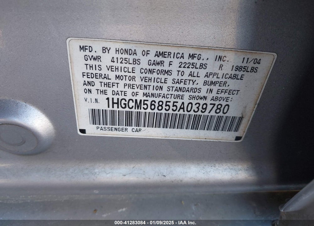 2005 HONDA ACCORD 2.4 EX VIN: 1HGCM56855A039780