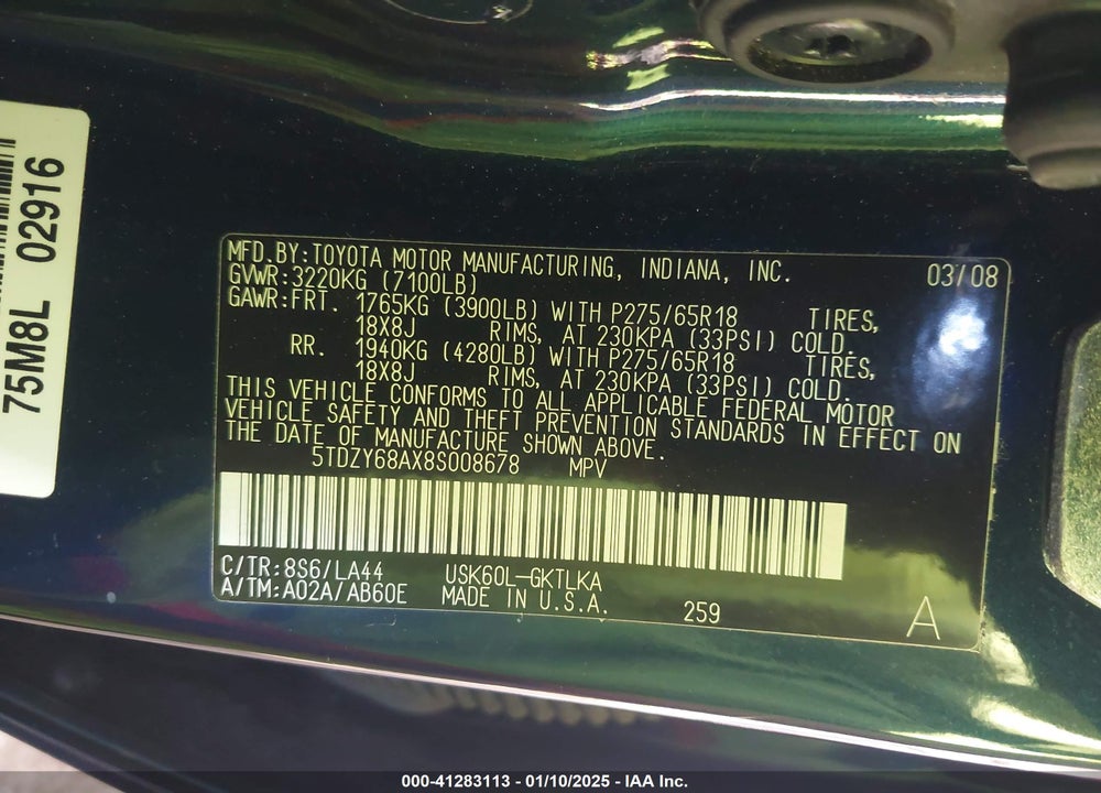 2008 TOYOTA SEQUOIA LIMITED 5.7L V8 VIN: 5TDZY68AX8S008678