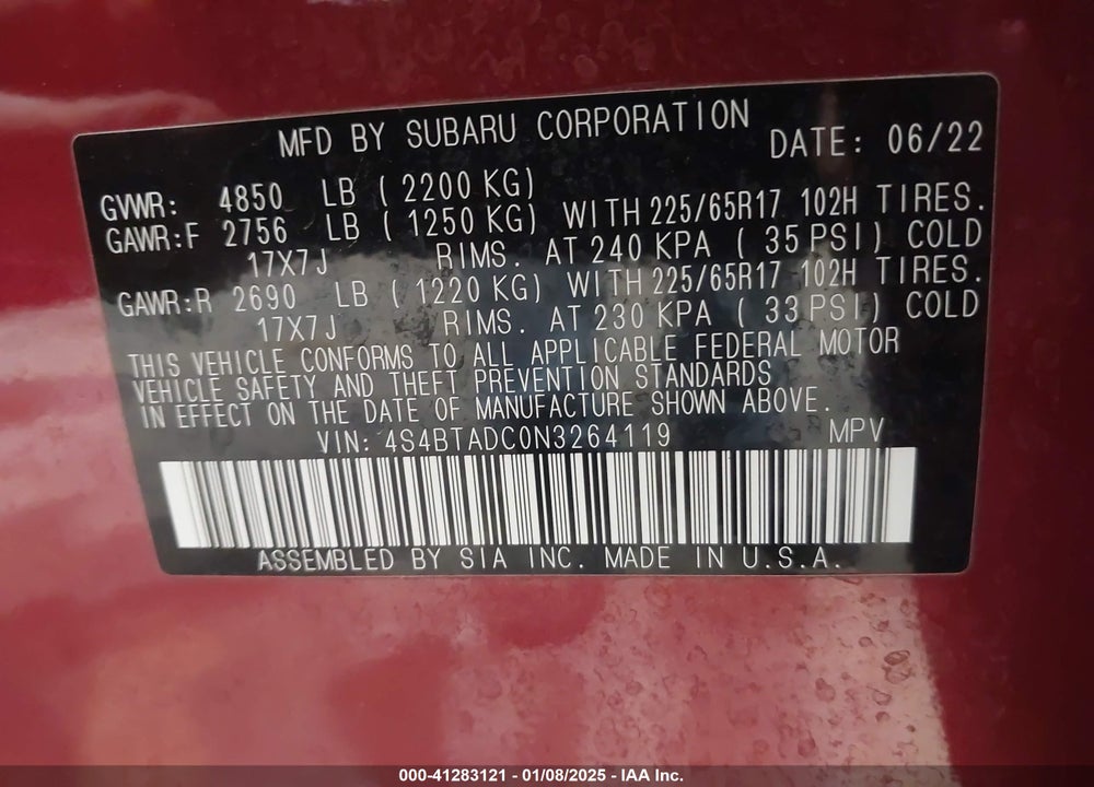 2022 SUBARU OUTBACK PREMIUM VIN: 4S4BTADC0N3264119