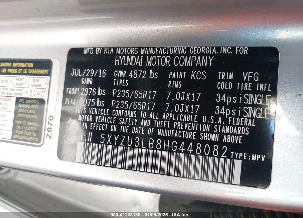 2017 HYUNDAI SANTA FE SPORT 2.4L VIN: 5XYZU3LB8HG448082