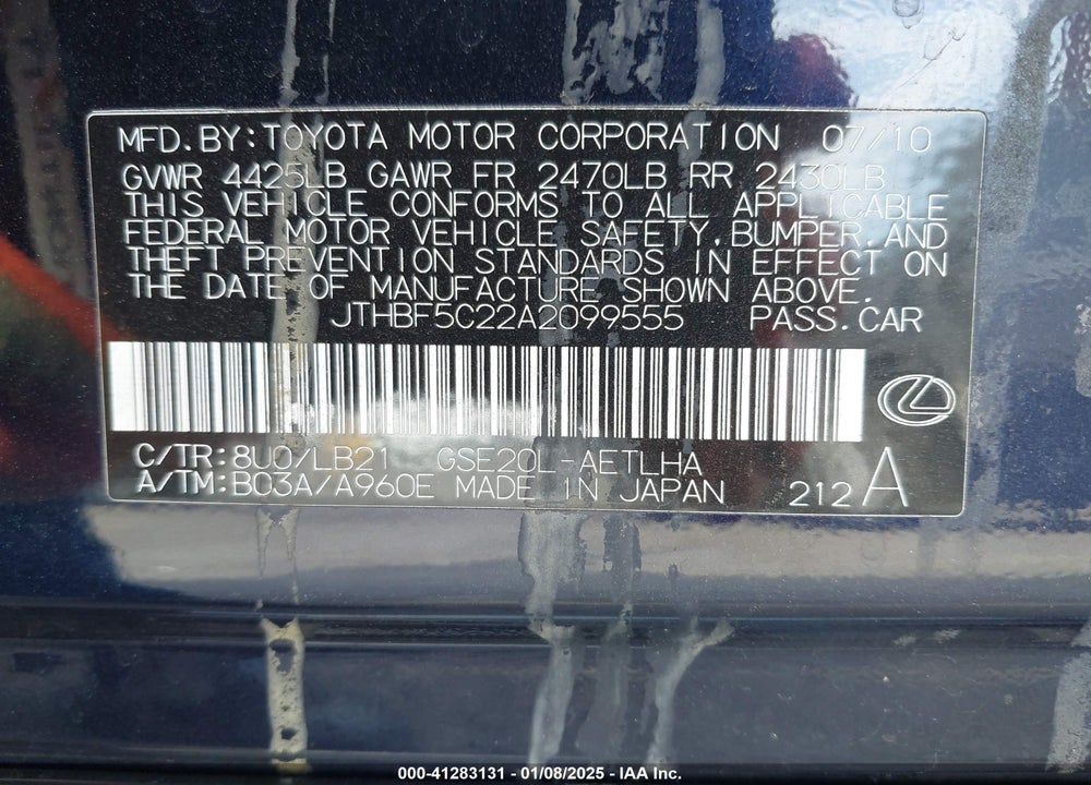 2010 LEXUS IS 250 VIN: JTHBF5C22A2099555