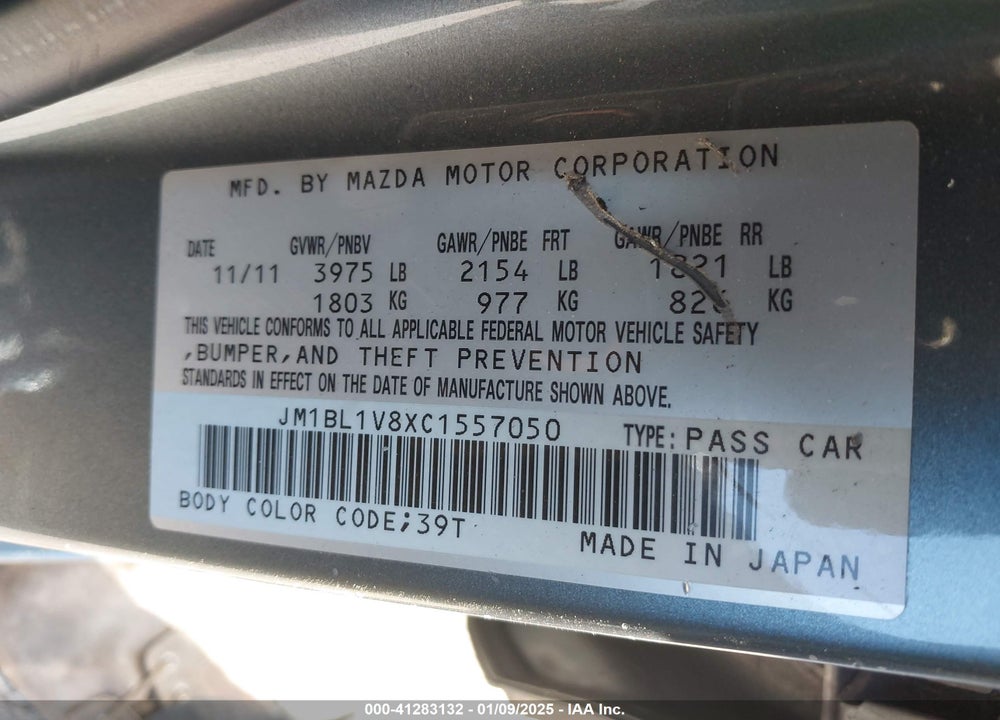 2012 MAZDA 3 VIN: JM1BL1V8XC1557050