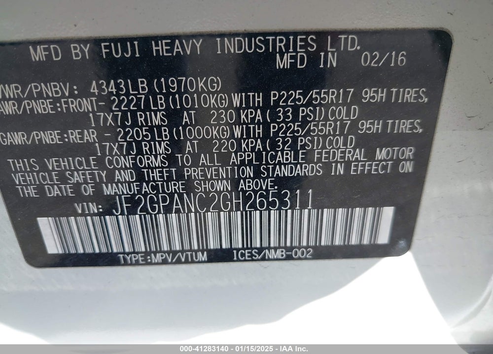 2016 SUBARU CROSSTREK 2.0I LIMITED VIN: JF2GPANC2GH265311
