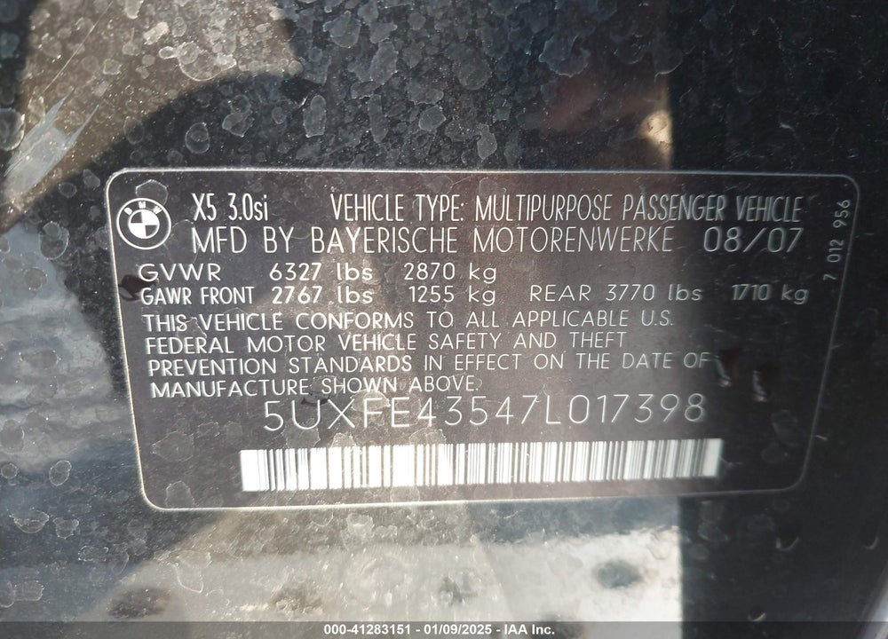 2007 BMW X5 3.0SI VIN: 5UXFE43547L017398