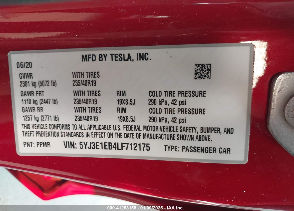 2020 TESLA MODEL 3 VIN: 5YJ3E1EB4LF712175