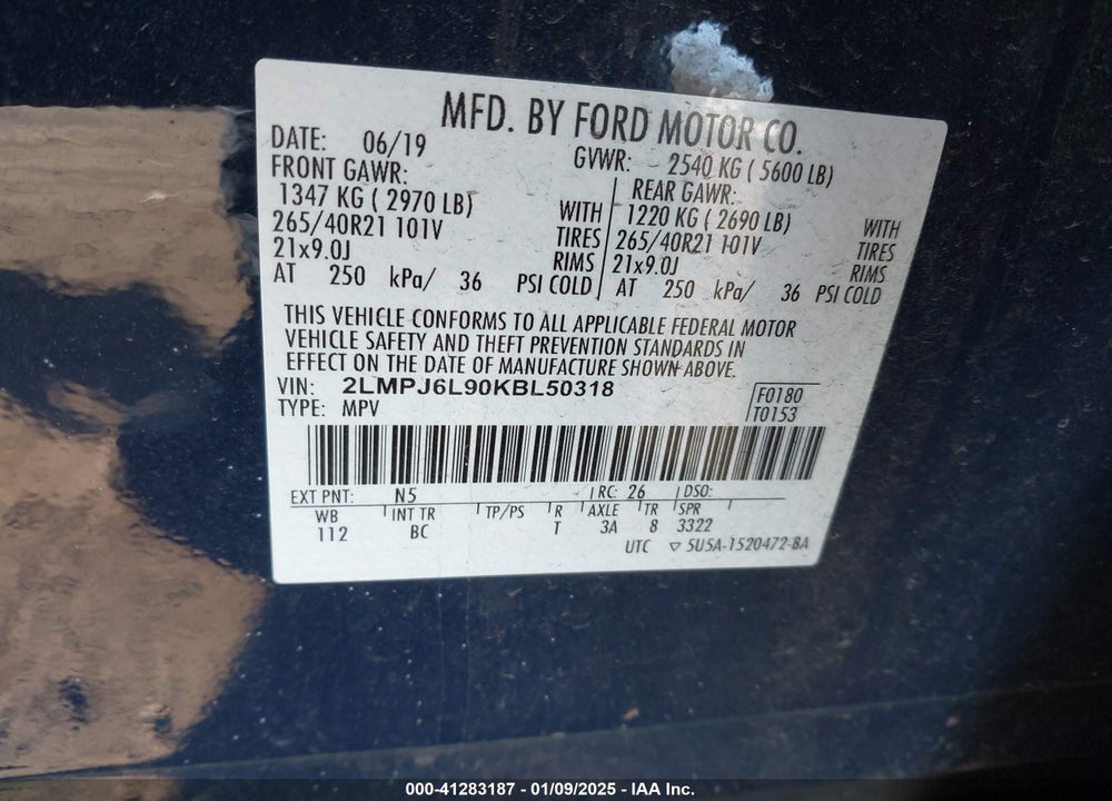 2019 LINCOLN NAUTILUS RESERVE VIN: 2LMPJ6L90KBL50318