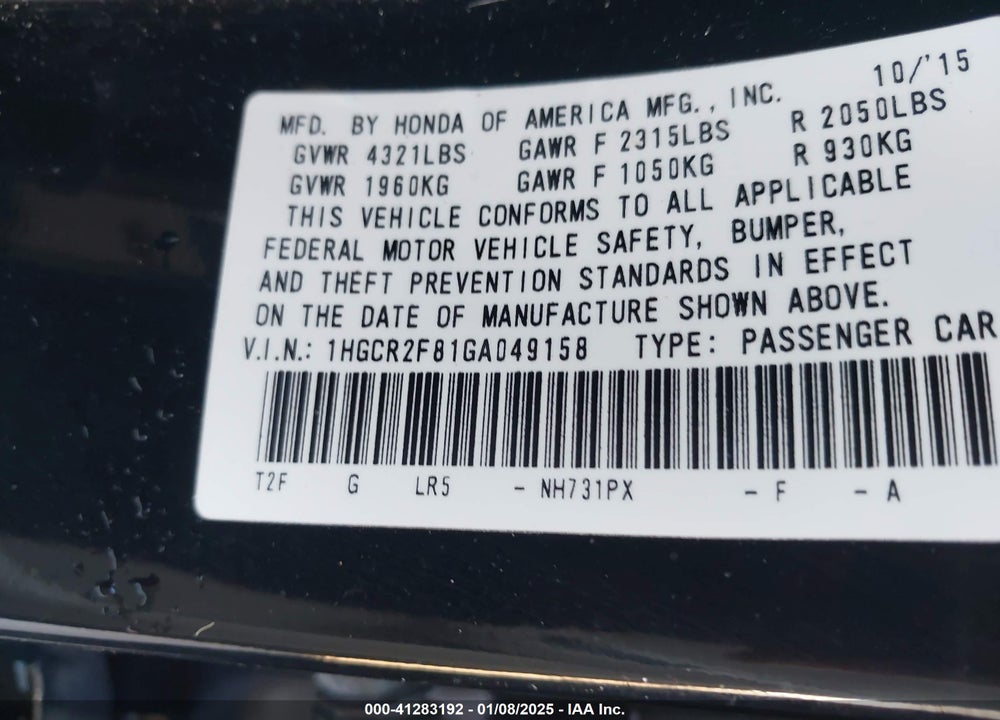 2016 HONDA ACCORD EX-L VIN: 1HGCR2F81GA049158