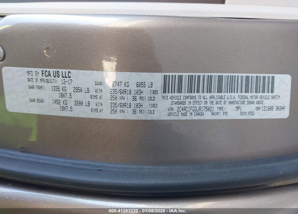 2018 CHRYSLER PACIFICA TOURING PLUS VIN: 2C4RC1FG3JR175021