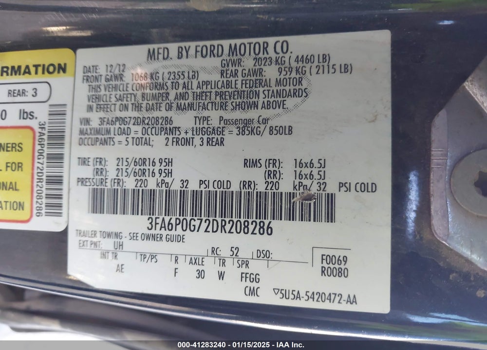 2013 FORD FUSION VIN: 3FA6P0G72DR208286