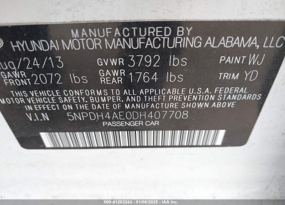 2013 HYUNDAI ELANTRA VIN: 5NPDH4AE0DH407708