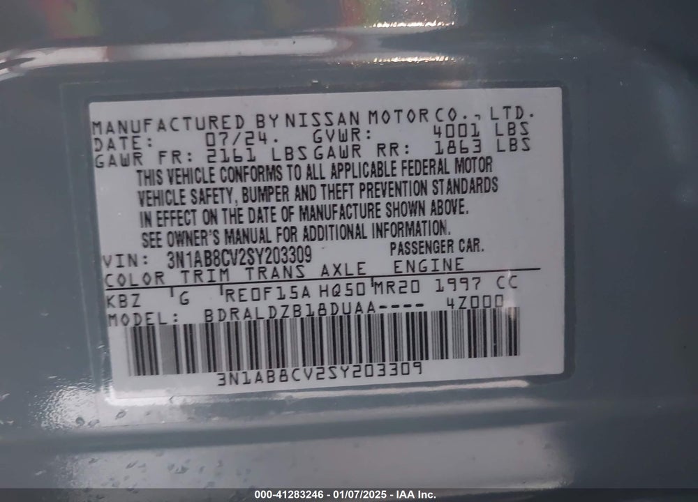2025 NISSAN SENTRA VIN: 3N1AB8CV2SY203309