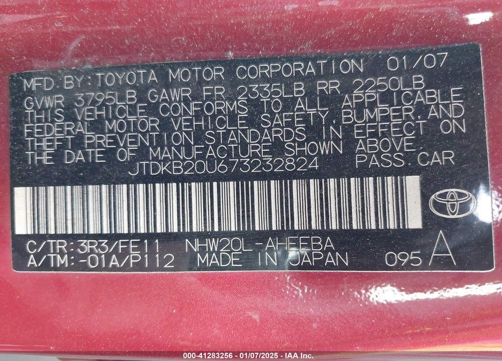 2007 TOYOTA PRIUS VIN: JTDKB20U673232824