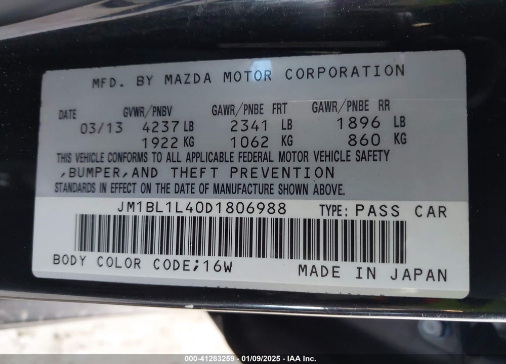 2013 MAZDA SPEED VIN: JM1BL1L40D1806988