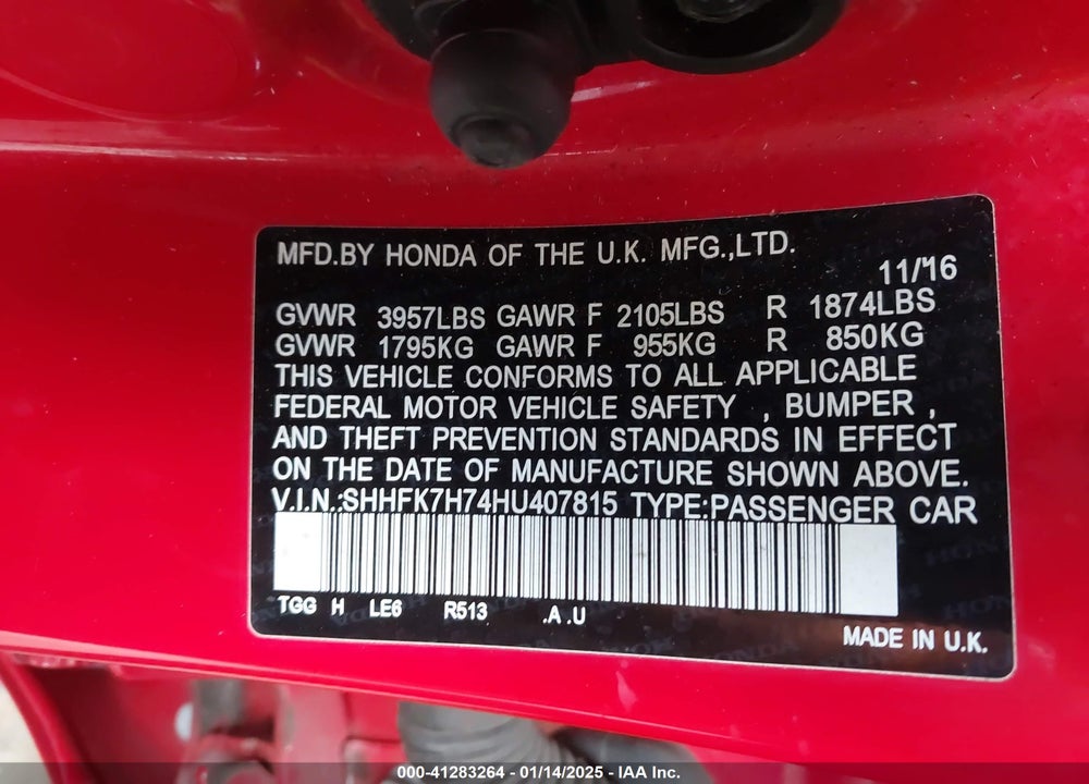 2017 HONDA CIVIC EX-L VIN: SHHFK7H74HU407815