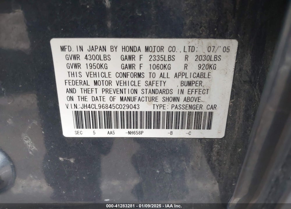 2005 ACURA TSX VIN: JH4CL96845C029043