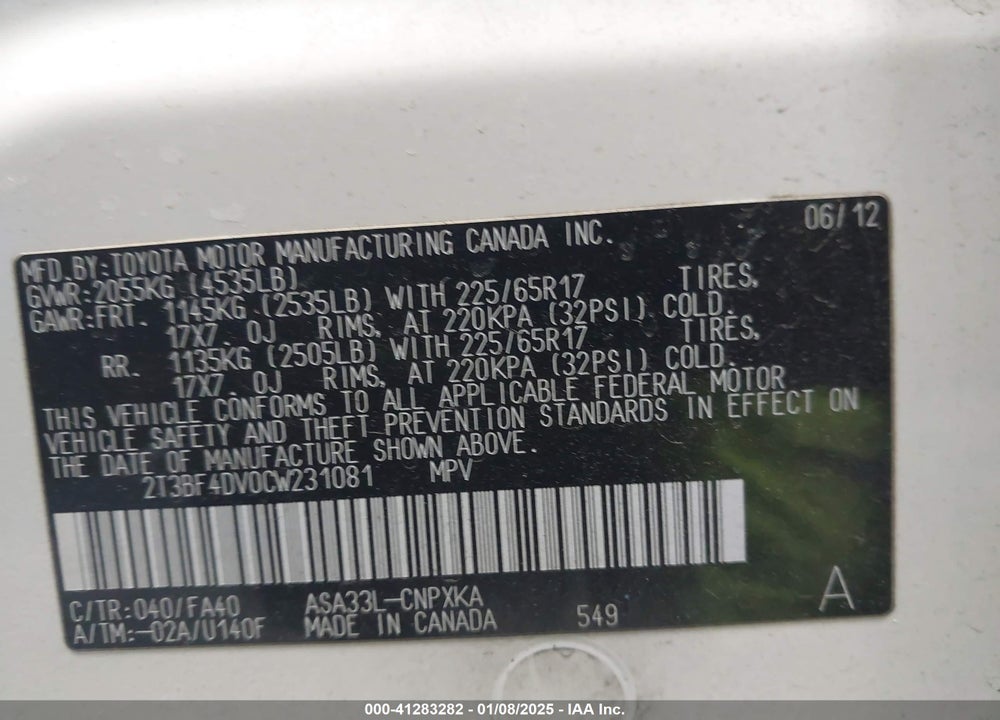 2012 TOYOTA RAV4 VIN: 2T3BF4DV0CW231081
