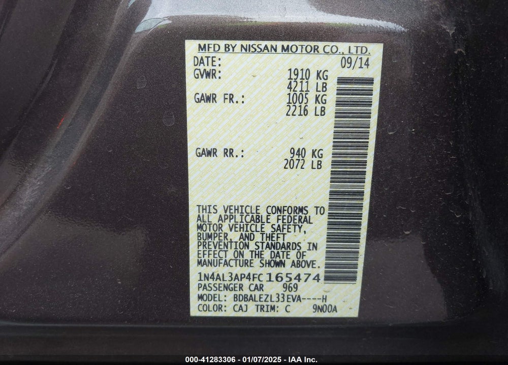 2015 NISSAN ALTIMA 2.5 S VIN: 1N4AL3AP4FC165474
