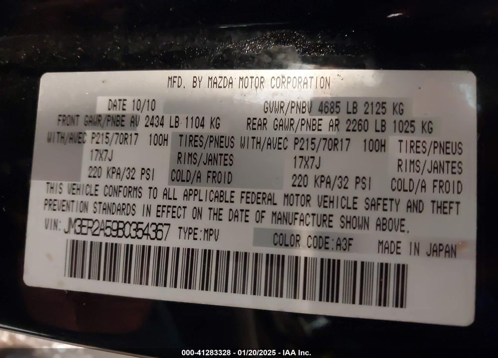 2011 MAZDA CX-7 I SV VIN: JM3ER2A59B0354367