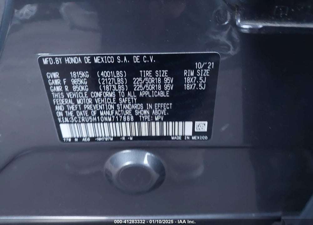 2022 HONDA HR-V SPORT VIN: 3CZRU5H10NM717888